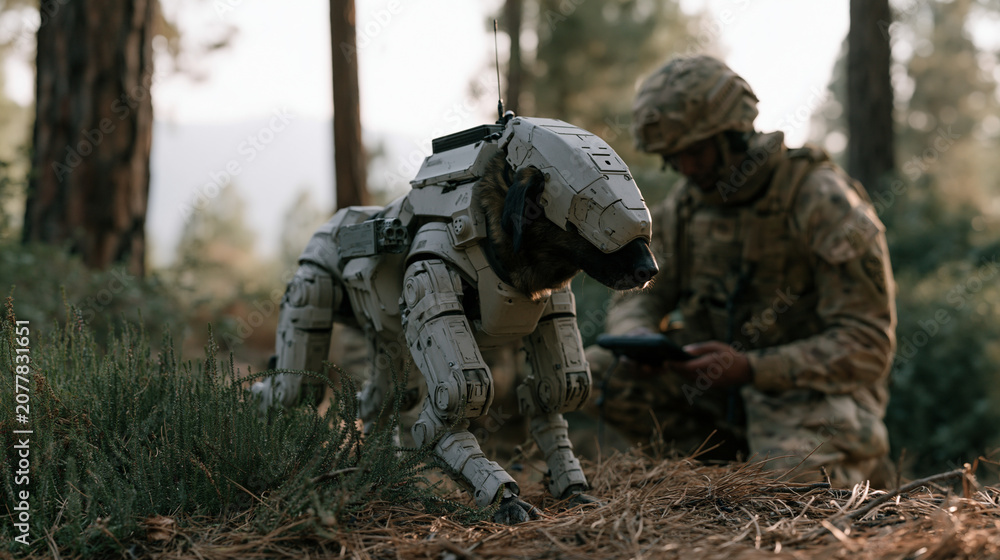 Fototapeta premium Military working dog robot with articulated legs and mounted sensor array moves through dense woodland terrain during a reconnaissance training exercise, two soldiers in field
