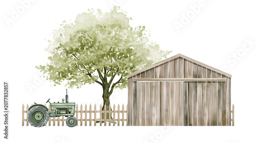 Tableau sur toile Green tractor parked near wooden barn and tree with picket fence