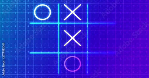 Glowing animated Tic Tac Toe Game Icon on a grid background in 4K.Neon Tic Tac Toe X-O game icon on a grid background for banners, business workflows, and digital backdrops. 
