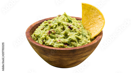 Foto Wooden bowl of fresh guacamole with tortilla chip