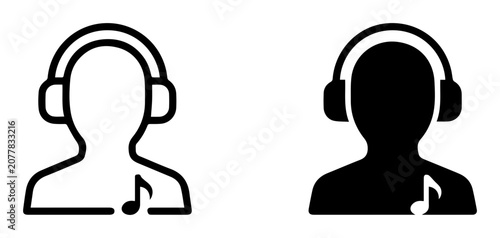 2 Music listener icons, person with headphones and musical note, outline and solid styles, UI and web interface design
