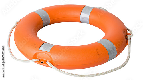 Orange lifebuoy with reflective silver bands and rope