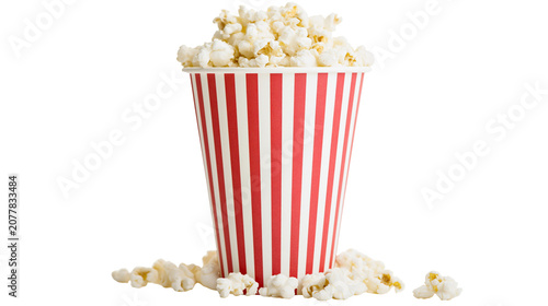 Red and white striped popcorn bucket overflowing with popcorn