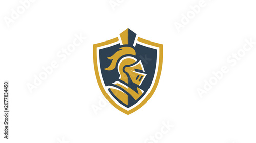Fotografie Golden shield logo with knight helmet icon.