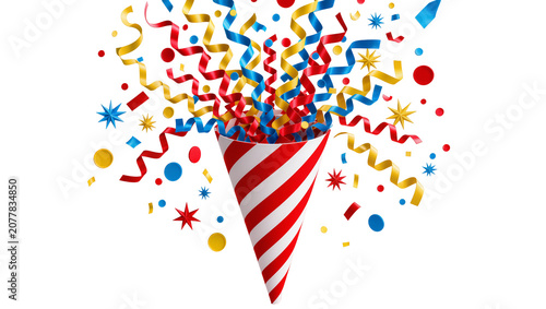 Tableau sur toile Red and white striped party popper exploding colorful confetti and streamers