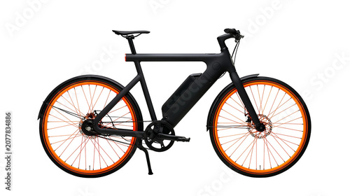 Black electric bicycle with orange rims and integrated battery