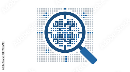 Magnifying glass inspecting digital QR code pixel pattern.