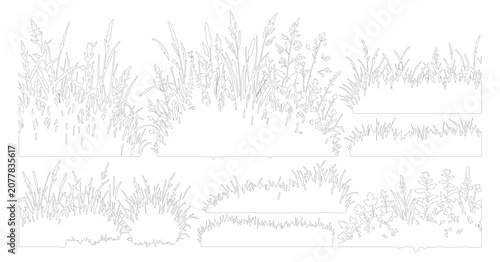 Minimalist grass line art collection, hand drawn meadow weeds and wild field plants, botanical outline vector set for landscape design