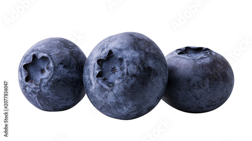 Photography Three ripe blueberries with star-shaped calyx remnants