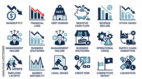 Fotografía Business crisis and financial loss icon set, 18 bankruptcy and economic failure