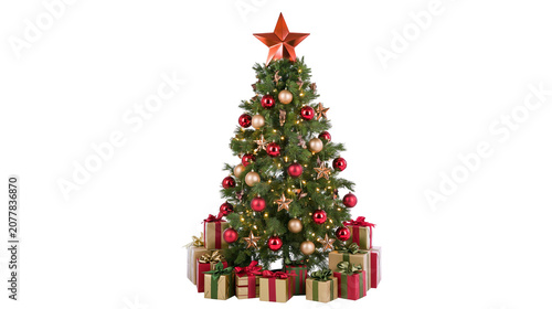Fotografie Decorated Christmas tree with red and gold ornaments and star topper, surrounded