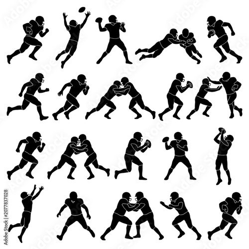 American Football Player Silhouettes Collection in Dynamic Action Poses
