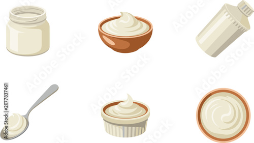 Foto Mayonnaise vector set containing gourmet sauce jars, cream bowls, squeeze tubes, and loaded spoons, delicious condiment graphics for sandwich recipe layouts