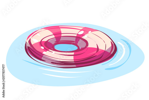Whimsical hand drawn pink striped swim ring floating on water. Ideal for pool party invitations, summer resort branding, and beach event graphics.