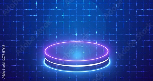Luxury Neon Cylinder Podium on a grid background in 4K. Abstract Minimal Display Background for product showcase, presentation, and promotion. Empty display podium. Easy to use.