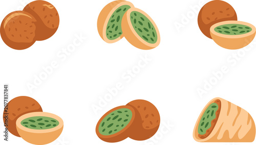 Obraz na plátně Falafel vector collection featuring fried chickpea balls, cut green herb interiors, savory dipping sauce bowls, and pita wraps, Middle Eastern food menu graphics