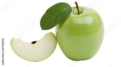 Fotografie Green apple with leaf and slice, white