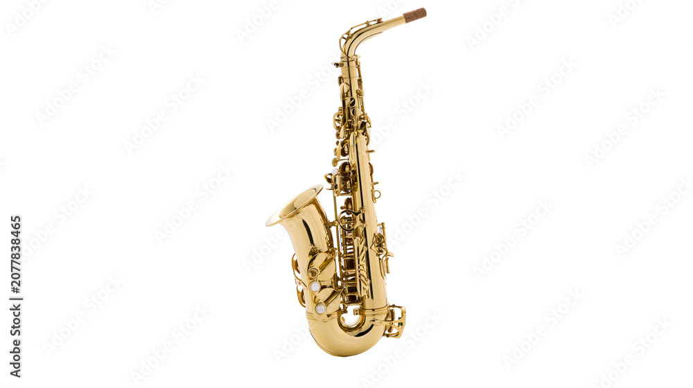 Obraz premium Golden alto saxophone with keys and mouthpiece