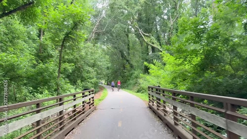 Biking along multi use Swamp Rabbit Trail on the way from Greenville to Travelers Rest in South Carolina