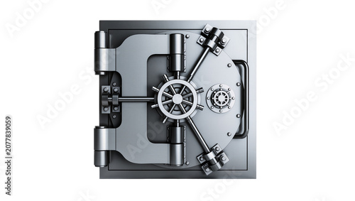 Heavy steel bank vault door with intricate locking mechanism, isolated on transparent background
