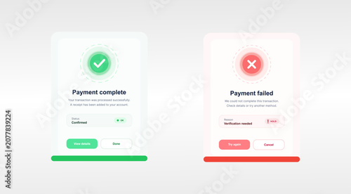 Payment Success and Failed UI Vector Screens. UI bars for finance mobile phone app, dashboard, website. Clean payment status interface with successful and failed transaction screens. Vector bars