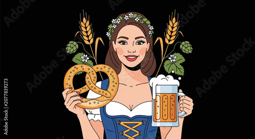Woman in traditional attire holding a giant pretzel and beer mug with hops and wheat