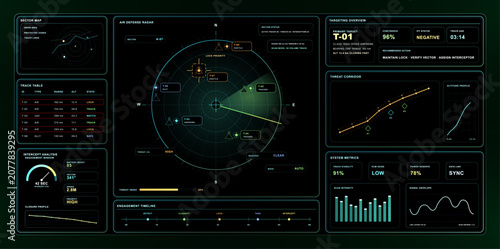 Photos Futuristic air defense radar HUD interface with military tactical maps