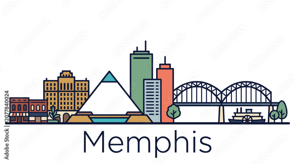 Obraz premium Memphis city skyline linear vector illustration with iconic pyramid and bridge