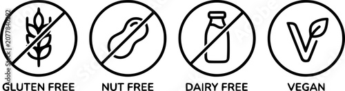 Minimal black outline food allergy symbols set, gluten free, nut free, dairy free and vegan packaging icons isolated on white background, dietary label collection