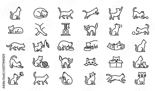 Fotografie 30 Cat Line Icons Collection with Cute Feline Poses and Behaviors Vector