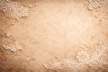 Elegant Vintage Floral Lace Corner Border Beige Cracked Texture Background with Ornamental Frame Design