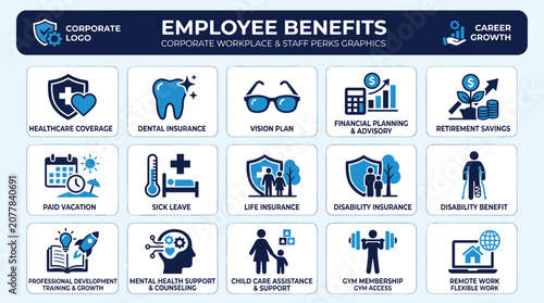 Fotografie Employee benefits icon set, corporate workplace and staff perks graphics, human