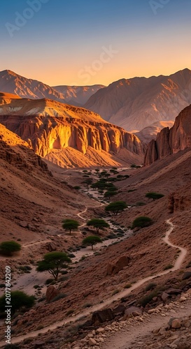 Golden hour over dramatic desert canyon landscape.