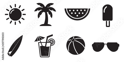 Foto Summer items, including sun, palm tree, watermelon, popsicle, surfboard, cocktail, beach ball, and sunglasses