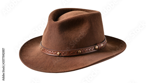 Fotografía Brown felt fedora hat with leather band and studs