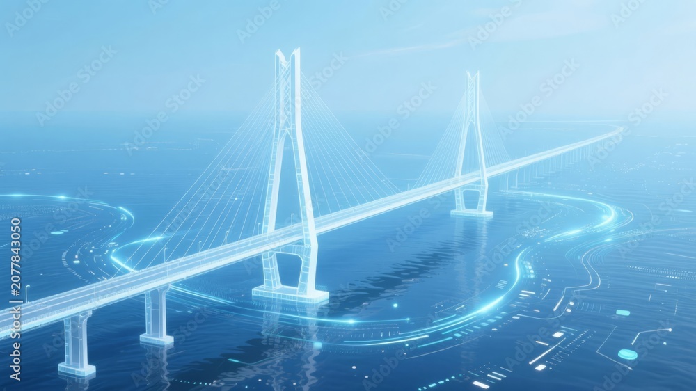 Fototapeta premium Holographic wireframe rendering of a cross-sea bridge, showcasing digital technology and marine infrastructure.