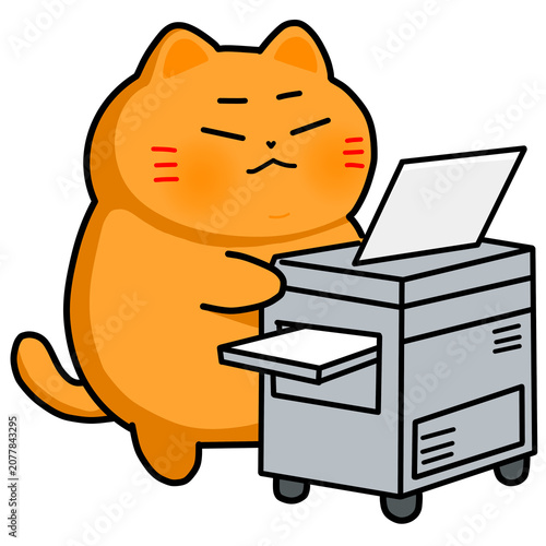 A cute chubby orange cat cartoon using a copy machine printing documents for office or work concept illustration