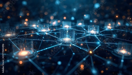 Abstract digital network visualization representing artificial intelligence multi agent collaboration and interconnected data nodes in a futuristic space