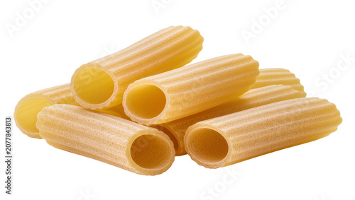 Quadro su tela Pile of ridged rigatoni pasta tubes, isolated on transparent background