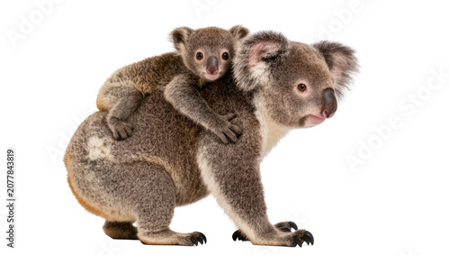 Canvas Print Mother koala carrying baby on its back, isolated on transparent background