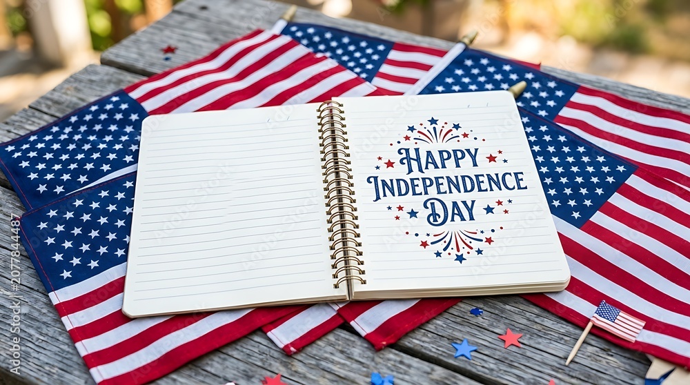 Fototapeta premium American flags and notebook celebrating a patriotic holiday event on wood