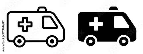 Ambulance icons, medical transport, emergency vehicle, outline solid styles, UI and web interface design