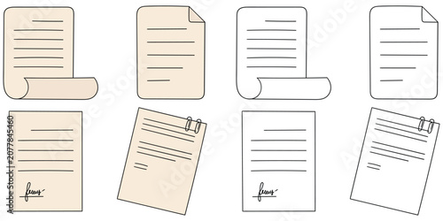 Hand-drawn cartoon and doodle set of paper documents on a white background.