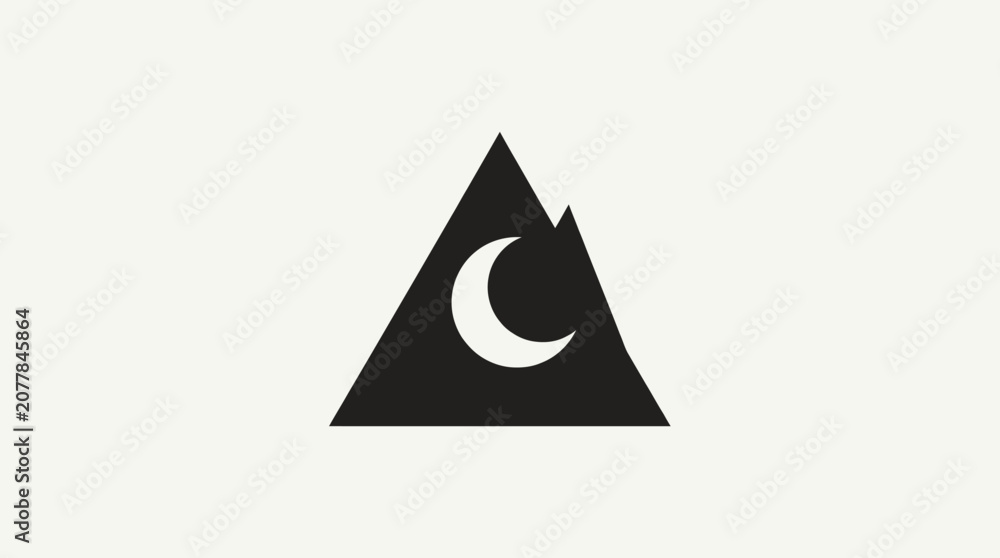 Fototapeta premium Minimalist mountain peak icon with crescent moon. Abstract black graphic, nocturnal emblem, simple design element for outdoor or sleep themes.