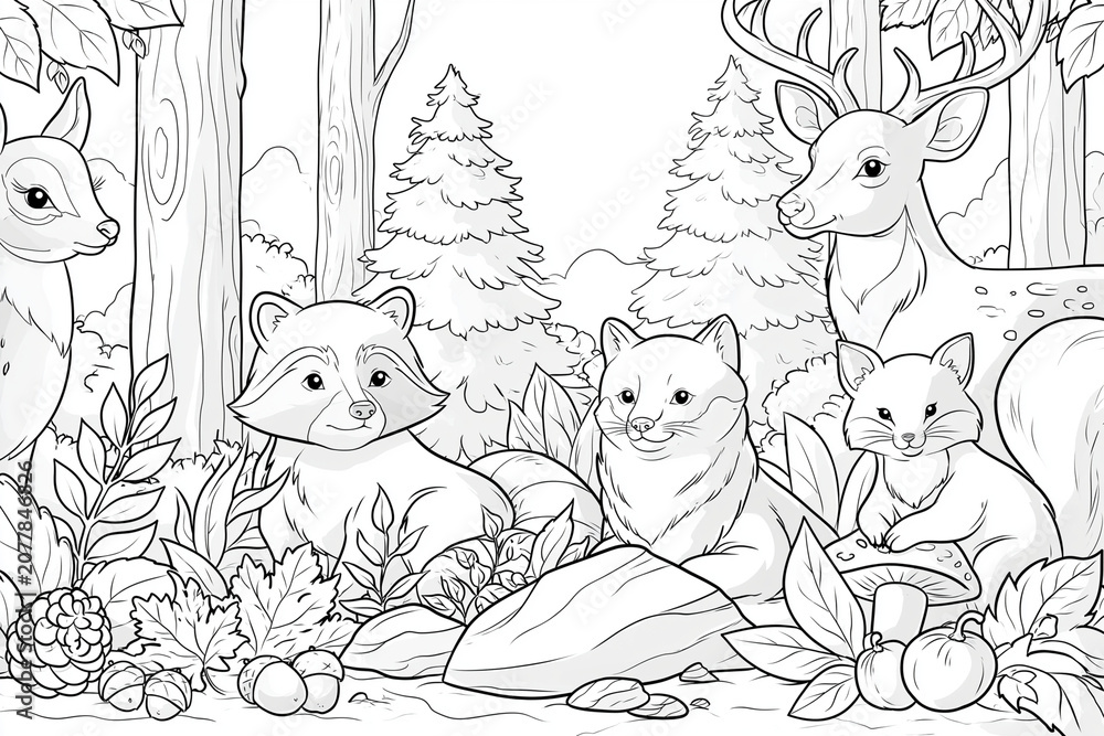 Fototapeta premium Forest scene with deer, raccoon, and small mammals. Trees stand tall behind soft undergrowth. Bright berries, mushrooms, and leaves decorate the ground
