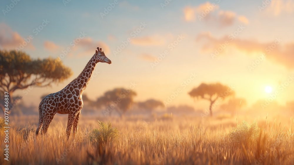 Obraz premium Giraffe Silhouetted Against African Sunset with Acacia Trees in Background