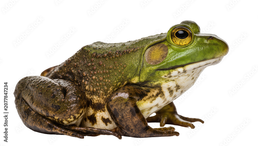 Fototapeta premium Green frog with yellow eyes and patterned skin