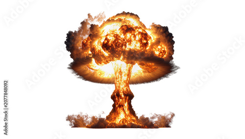 Fotografie Massive nuclear mushroom cloud explosion with fiery orange and yellow hues, isol