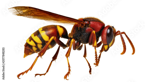 European hornet insect with red and yellow stripes on abdomen and brown wings