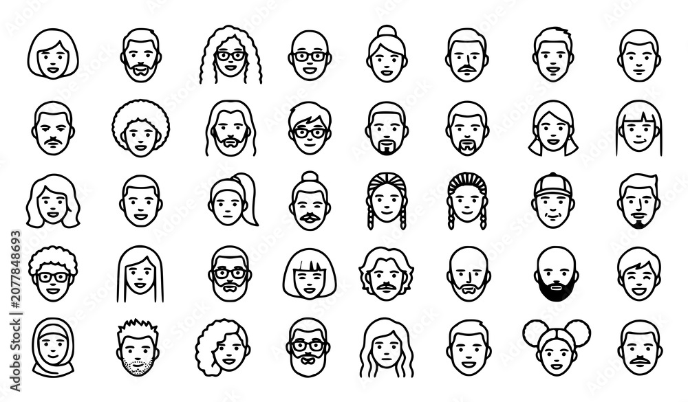Fototapeta premium Minimal Male Female Avatar Icons Collection Editable Stroke People Line Art Vector Set
